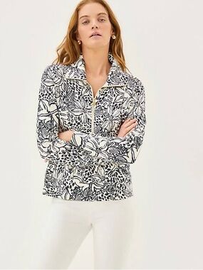 Lilly Pulitzer Eleni UPF 50+ Pullover Half-Zip Onyx Lots to Spot Floral Black XS